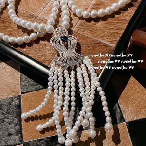 Collana Vintage Placcata <span class=keywords><strong>Oro</strong></span> con Fiori Intrecciati, Pendente con Zaffiro Blu Mare Profondo, Perla <span class=keywords><strong>d</strong></span>'Acqua di Tahiti, Zircone e Perla per Feste - Product Image 4