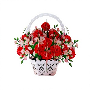 Carte de vœux 3D en forme de panier de fleurs avec des roses rouges et des fleurs roses pour un cadeau de la Saint-Valentin - Product Image 1