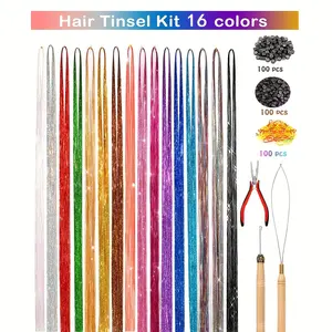 48 Inch Klatergoud Haarverlenging Met Tool 12 Kleuren 2400 Strengen Haar Extensie Tinsel Kit Glitter Hair Extensions Voor Vrouwen Gir