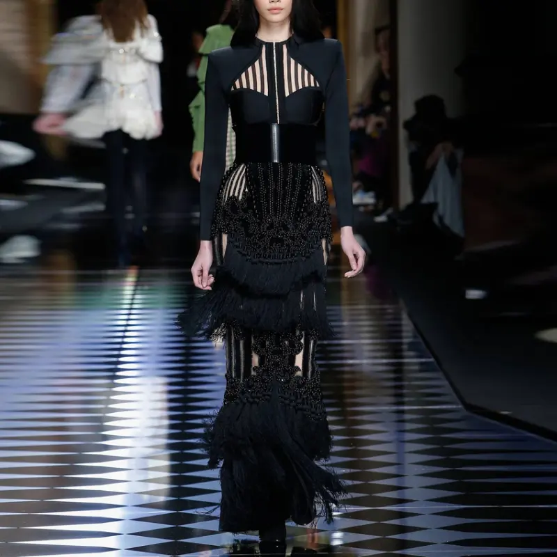 Mükemmel kalite Paris moda 2022 tasarımcı pist elbise kadın süet lüks el işi boncuk püskül uzun elbise
