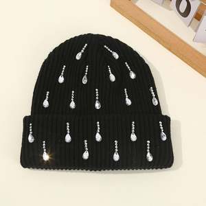 Gorro de Punto Unisex para Invierno, Gorro de Moda con Pedrería y Perlas, Gorro Casual de Color Sólido para Uso Diario y Fiestas - Product Image 4