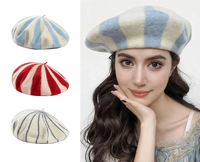 Béret d'hiver pour femme en 100% pure laine respirante, tricoté, style français rayé, tendance, passe-partout, style peintre