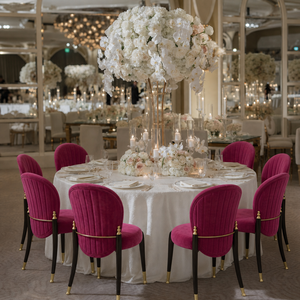 <span class=keywords><strong>Chaise</strong></span> de salle à manger de mariage haut de gamme à dossier rond en <span class=keywords><strong>velours</strong></span> <span class=keywords><strong>rose</strong></span> et pieds en métal robuste avec embouts dorés pour événements de luxe - Product Image 5