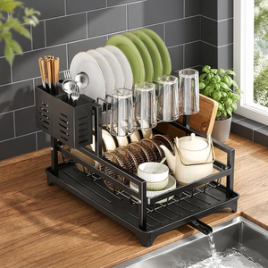 Égouttoir à vaisselle à double niveau avec porte-couverts et bac de drainage pour rangement de cuisine, design moderne en plastique, type sur pied - Product Image 3
