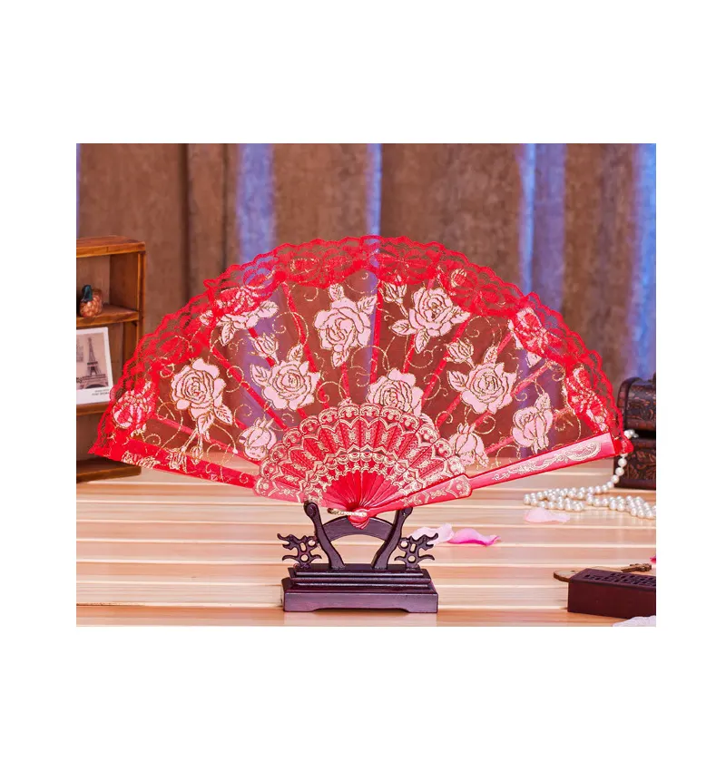 Sang Trọng Ren Màu Đỏ Quạt Gấp Nhựa Cô Dâu Tay Fan Hâm Mộ Tây Ban Nha Lolita Ren Fan Wedding Party Ủng hộ Quà Tặng