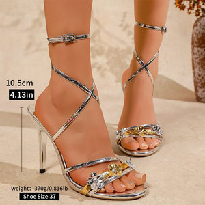 Nuovo Design Sandali Sexy da Donna con Tacco Alto Sottile 10,5 cm, Decorati con Tre Fiori di <span class=keywords><strong>Prugna</strong></span> e Tomaia Diagonale MuY9819 - Product Image 5