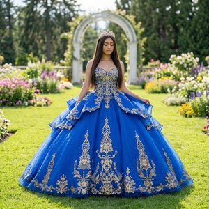 Robes de bal de Quinceañera sans manches en mousseline de soie bleu roi avec appliques, taille naturelle, antistatiques, vente en gros, modèle Dy5841 15 - Product Image 1