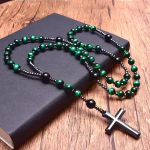 ST0749 Catholic Christ Rosary 8mm Green Tiger Eye Onyx Cross Pendant Hematite Necklace Blessing Christmas Gift