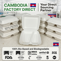 Boîte à emporter en bagasse de canne à sucre biodégradable et compostable, à 2 compartiments, 9x8 pouces, fabriquée au Cambodge, vente en gros