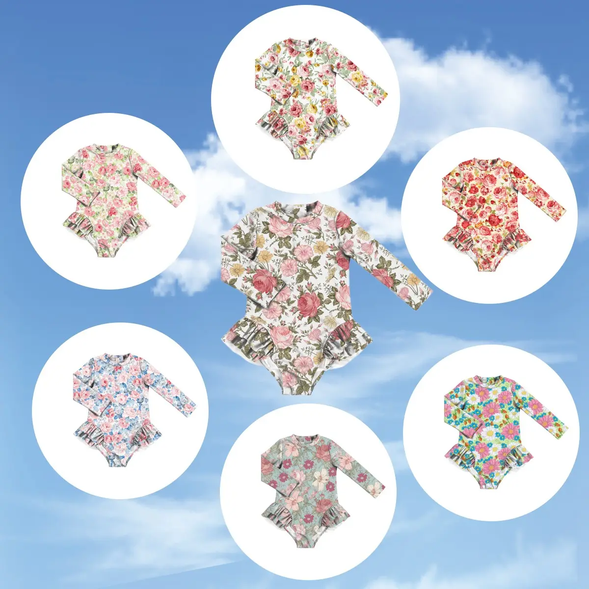 Costumi da bagno con fiori ad acquerello a manica lunga per bambini e ragazze swim wear boutique con cerniera con volant per le gambe