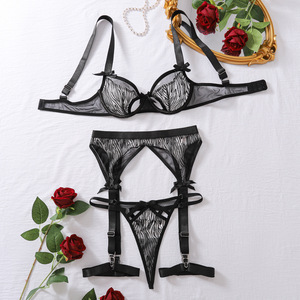 Chuangerm Spot 2026 Nuovo Reggiseno con Ferretto in Rete Floccata Trasparente con Motivo Zebrato, Decorazione a Fiocco, Metallo Regolabile, Nero, Lingerie Donna - Product Image 4