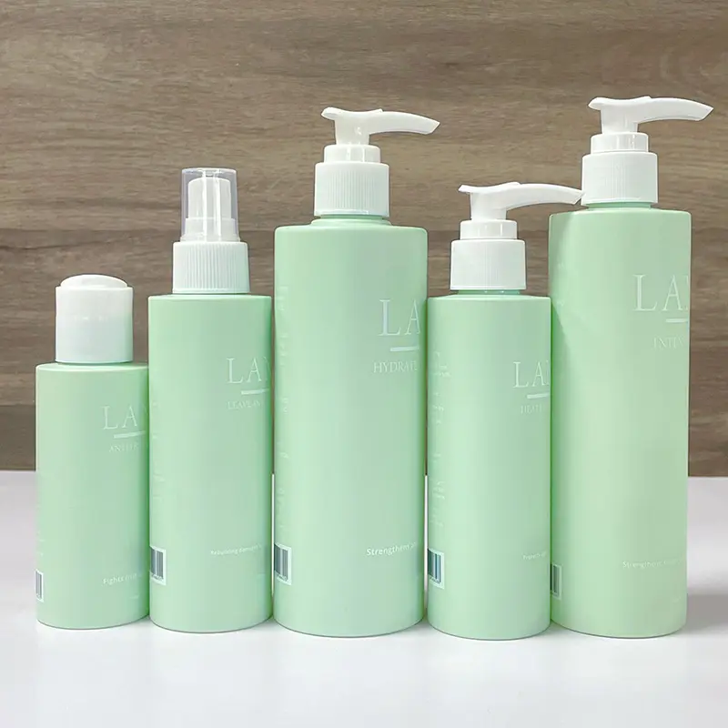 Custom Luxe Cosmetische Olie Fles 100 120 150 200 250 300 400 500Ml Matte Groene Pet Shampoo Fles Met Witte Lotion Pomp