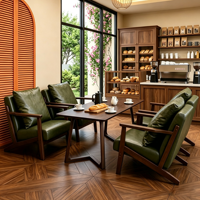 Ensemble de salon vintage en bois massif avec canapé en cuir PU, fauteuil rétro, table basse, mobilier commercial pour café, bistrot, pub