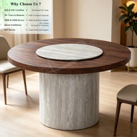 Table à manger ronde OKAY en MDF, grande taille, avec plateau tournant, base en travertin, style luxe léger, pour restaurant et salle à manger