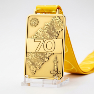 Médaille rectangulaire entièrement plaquée or, moulée sous pression, avec carte topographique 3D et <span class=keywords><strong>tour</strong></span> repère, pour événements d'ultra-trail <span class=keywords><strong>de</strong></span> 70 km - Product Image 1