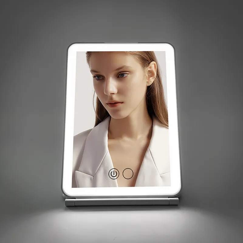 Espejo de tocador plegable con forma cuadrada, accesorio pequeño de 1000 mAh, de marca privada, para escritorio, Led, para maquillaje, de viaje