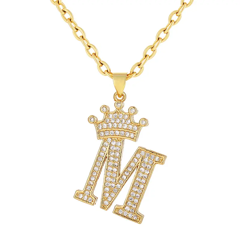 Mini A-Z CZ Diamond Crown Initial Letters Chain Necklaces Pendant For Men Women Gold Chain Cubic Hip Hop Charm Jewelry Gifts