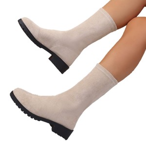 Stivali da Donna Taglia Grande Snellenti Elasticizzati Nuovi Stivali Invernali con Punta Tonda Tacco Grosso in Camoscio a Metà Polpaccio Vendita all'Ingrosso - Product Image 5