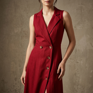 Robe fourreau midi rouge sans manches à col cranté avec boutons sur le devant et fente, en mélange lin-coton, vente en gros - Product Image 1