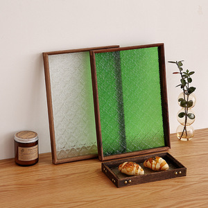 Bandeja de té de cristal en relieve de estilo retro japonés, con marco de madera maciza, rectangular, para decoración y almacenamiento de café y té en el hogar. - Product Image 3