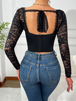 En stock – Nouveauté Automne 2026 – Haut en maille à manches longues, coupe ajustée, avec dentelle sexy transparente et corset à baleines – Tops pour femme