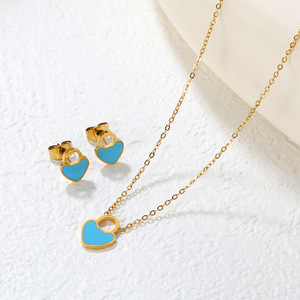 Stainless Steel Flower Earrings And Necklace <b>Set</b> For Women Gift Jewelry With Blue Enamel And <b>Crystal</b> Bezel Setting - Product Image 4