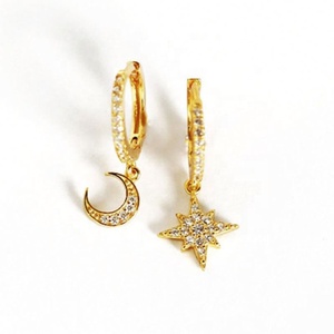 Needle Versatile Korean Style Women's Dangle Earrings Diamond European American <b>Light</b> Luxury <b>Star</b> Moon Design Copper - Product Image 1