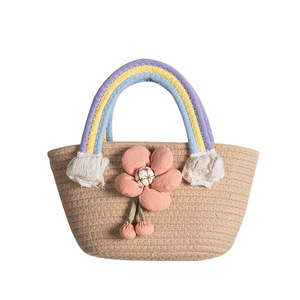 Bolso de Mano de Cuerda de Algodón Tejida Arcoíris, Bolso Tipo Cubo para Mujer con Decoración Floral, Ligero, para Bodas y Playa, Verano 2023 - Product Image 1