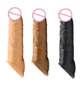 Condones de extensión de pene texturizado, funda de silicona negra transparente, 3 tamaños, extensor de elasticidad, inserto para agrandar, Juguetes