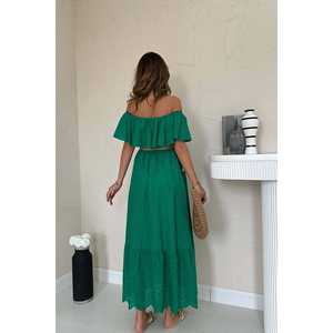 Vestido Maxi Verde con Hombros Descubiertos, Bordado, Cintura Elástica, Corte Holgado, Informal, Tejido Transpirable, para Uso Diario - Product Image 6