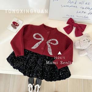 Tongxingyuan Girls Winter Sweater Set With Bow Sequin Skirt Thick Cotton Single Breasted Red Gray 2024 - Product Image 3