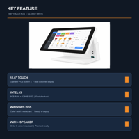 Terminal de point de vente à écran tactile capacitif 15,6 pouces tout-en-un, caisse enregistreuse Intel I3 8 Go 128 Go SSD Windows Blanc JSJ62K Wi-Fi 6 1366x768