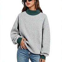 Sweat-shirt à col montant bleu clair pour femme avec bordure contrastante bleu foncé, pull en polaire oversize à épaules tombantes