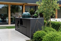 Cuisine d'extérieur de jardin complète à charbon de bois, fumoir à viande, grillades de barbecue en acier inoxydable, armoires de cuisine modernes