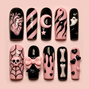 Mittlere Presse auf Nägeln Sarg Falsche Nägel Schwarze französische Spitze Falsche Nägel mit 3D-Bogen Charms Design Kleber auf Nägeln für Frauen - Product Image 2