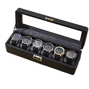 Black Leatherette 6 Slot <b>Watch</b> Box with Faux Suede Lining and Snap Closure Rectangle <b>Case</b> for Men's Timepieces - Product Image 1