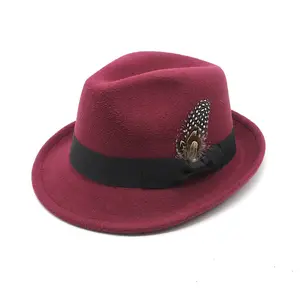Q31231 클래식 하이킹 모자 남성용 빈티지 스타일 깃털 리본 넓은 챙 홈부르크 모자 펠트 페도라 모자