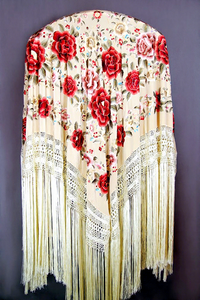 Mantón de Manila Beige Multicolor Bordado a Mano de Pura Seda para Flamenco Español 100% Pura Seda - Product Image 2