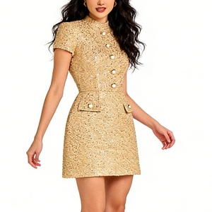 ชุดเดรสมินิเดรสประดับเลื่อมสีทองสำหรับผู้หญิง - ชุดเดรสค็อกเทลแขนสั้นคอปกตั้งสำหรับงานทางการแฟชั่น - Product Image 6