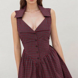 Custom Women's Summer Vintage <strong>Red</strong> <strong>Check</strong> French Sleeveless V-neck Cinched-waist Short <strong>Dress</strong> Manufacturer - Product Image 3