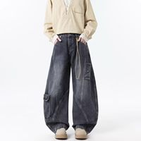 Jean en denim personnalisé pour homme, coupe ample, jambe large, cargo, couture incurvée, délavage vintage, style streetwear hip-hop, taille mi-haute, pantalon d'automne