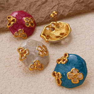 Chinese Style Enamel Flower Stud <b>Earrings</b> Zinc Alloy Stainless Steel <b>Post</b> Party Fashion Jewelry for Women - Product Image 1