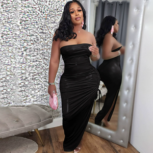 GHY6343 Ensemble <span class=keywords><strong>jupe</strong></span> deux pièces sexy et extensible à motif uni pour l'été Combinaison courte sans bretelles et <span class=keywords><strong>jupe</strong></span> plissée à fente <span class=keywords><strong>longue</strong></span> - Product Image 3