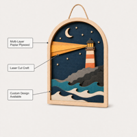 Plaque personnalisée en contreplaqué peuplier découpée au laser, motif phare et océan nocturne, pour la vente en gros, décoration côtière, cadeau, conforme CPSC, prête pour l'enregistrement EFiling, DDP