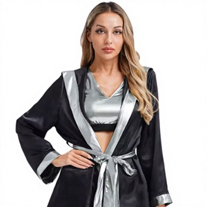 HAWK SPORTS INDUSTRIES Bata Negra Satinada con Ribete Plateado, Ropa de Estar por Casa para Mujer de Poliéster Suave y Duradero para Artes Marciales - Product Image 1