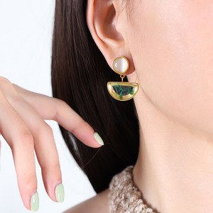 Swirling Green Design Resin & <b>Opal</b> <b>Earrings</b> for Women | 18K PVD Gold Stainless Steel | Waterproof, Hypoallergenic & Non-Fading - Product Image 2