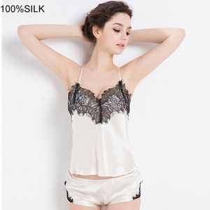 女性と女性のセクシーな100% シルクパジャマ2ピースシルクPjsネグリップキャミソールトップとショーツ - Product Image 4