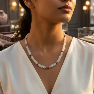 Silver Beaded <b>Necklace</b> for Women with Moonstone Diamond Bead Rhodium Plated Religious Style Strand <b>Chains</b> for Wedding or Gift - Product Image 3