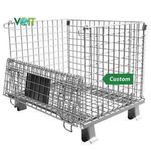 Industrial Foldable Stackable Lockable Zinc Steel Metal Storage Wire Mesh Crate