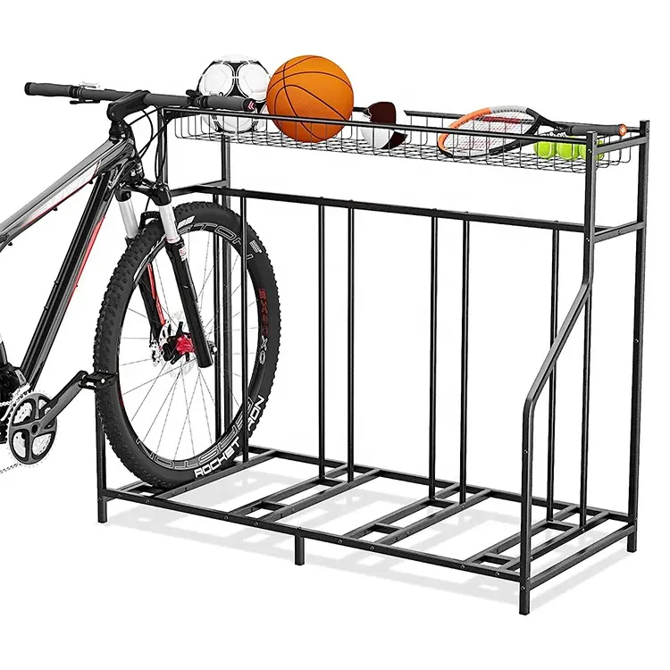 4 Bicycle Rack Garage with Storage Basket Bike Floor Stand Garage Organizer Bike Rack Metal Floor Living Room Bicycle Rack